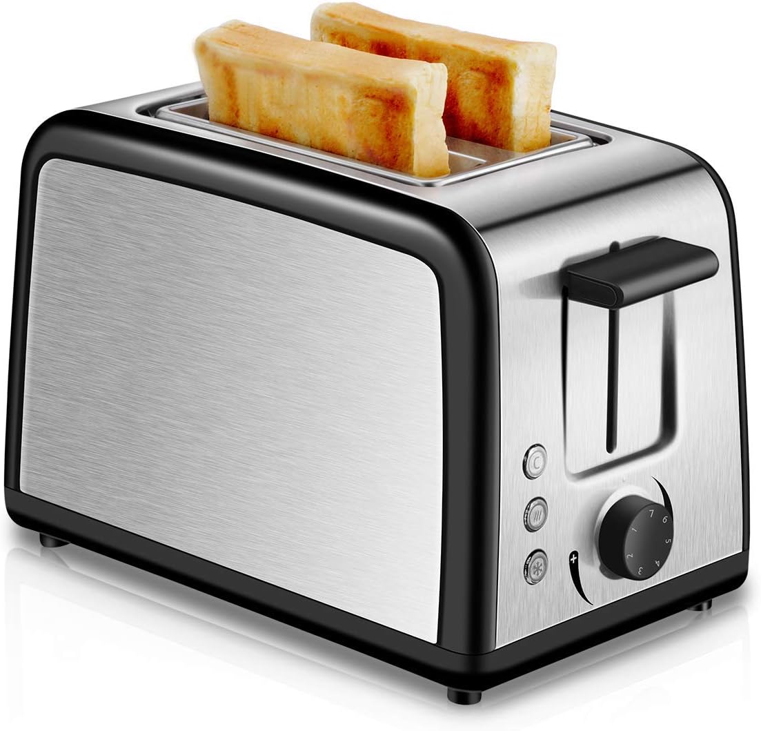 2 Slice Toaster, Compact Brushed Stainless Steel Toasters with Warmer Rack, Defrost Reheat Cancel Button with 7 Browning Settings and Removable Crumb Tray