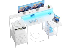 HLDIRECT 55 Inch Computer Desk with Power Outlets, Office Desk with Printer Cabinet & Storage Drawers, Gaming Desk with Monit