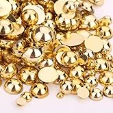 1000PCS Mixed Sizes 3/4/5/6/8/10mm Flatback Half Round Pearls Gems for Crafting, Gold Pearl Beads Gem Stones for Crafts Jewelry Clothes Shoes Dress Nail Art Making Embellishments (Gold)