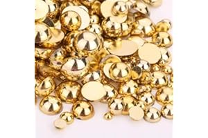 VADQZA 1000PCS Mixed Sizes 3/4/5/6/8/10mm Flatback Half Round Pearls Gems for Crafting, Gold Pearl Beads Gem Stones for Crafts Jewelry Clothes Shoes Dress Nail Art Making Embellishments (Gold)