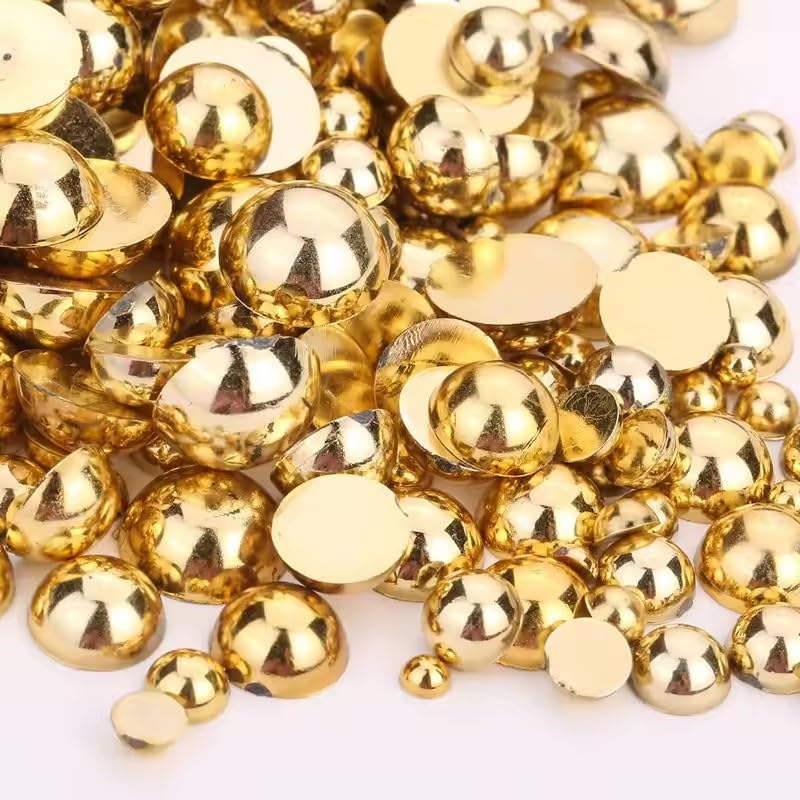Photo 1 of 1000PCS Mixed Sizes 3/4/5/6/8/10mm Flatback Half Round Pearls Gems for Crafting, Gold Pearl Beads Gem Stones for Crafts Jewelry Clothes Shoes Dress Nail Art Making Embellishments (Gold)