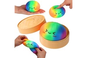 Giant Rainbow Glitter Dumpling Squishy with Steamer Box, Cute Smiling Face Soft Giant Dumpling Fidget Stress Food for Adults 