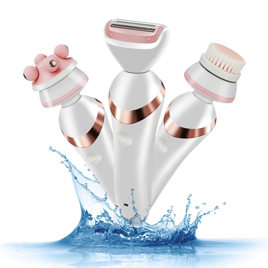 Ladies Electric Shaver Cordless Electric Razor 3 in 1 USB Rechargeable Waterproof for Women Arm Underarm Bikini Line Legs Bikini Trimmer and Facial Cleasing and 3D Roller Massager,Wet/Dry Razor Set