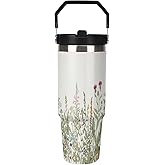 TOUNHEYA Watercolor Wildflower Tumbler with Handle Flip Straw Vintage Floral 30oz Insulated Stainless Steel Cup Green Plants Travel Coffee Mug Water Bottle for Women