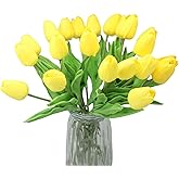ALIERSA 10-Heads Artificial Flowers Home Decor Mini Tulip Real Touch Tulips Wedding Bouquets for Bride (Yellow)