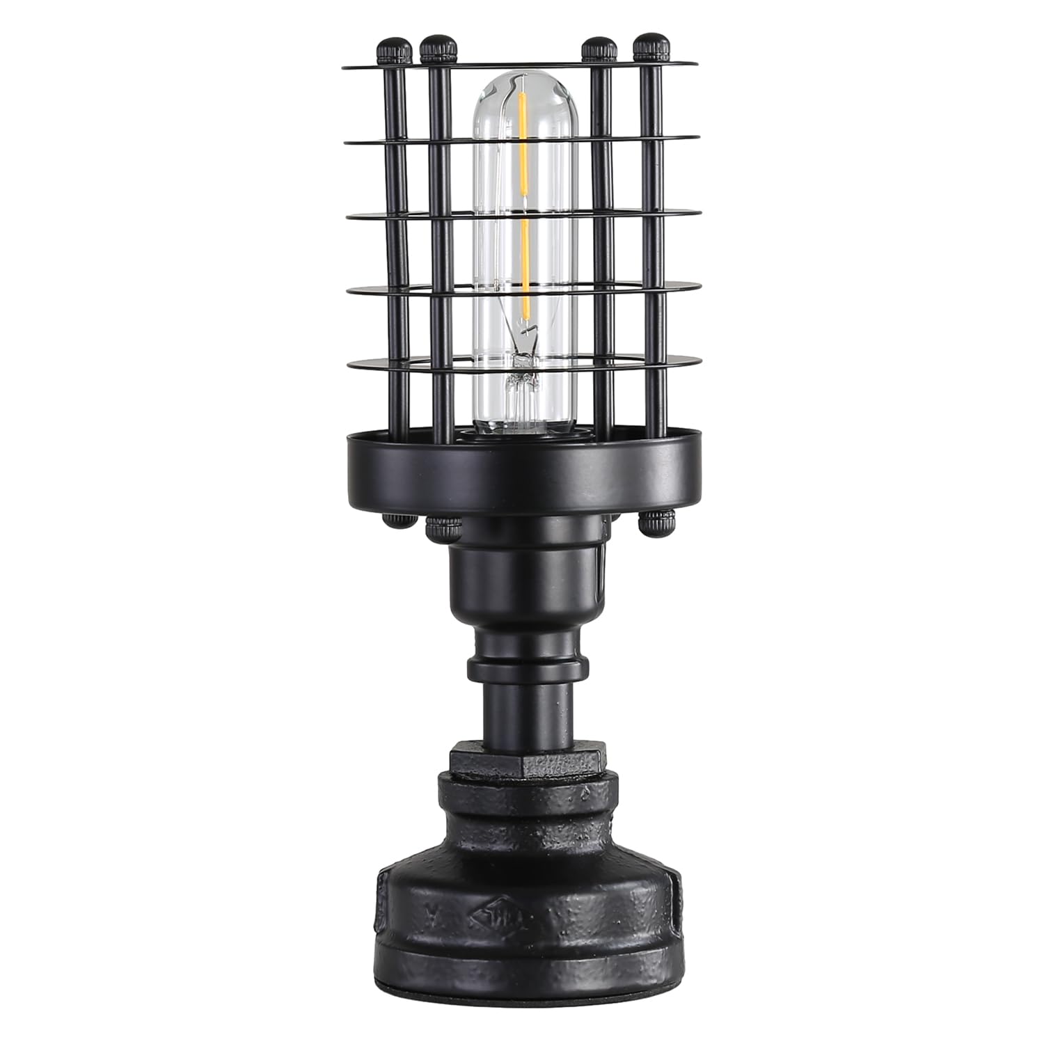 Kaj Hejmo Vintage Table Lamp with Lampshade Ring, Industrial Water Pipe Edison Desk Lamp, Steampunk Light E27 Bedside Table Lights Bedroom Living Office Home Decor (Upright Style, Cylinder-Black)