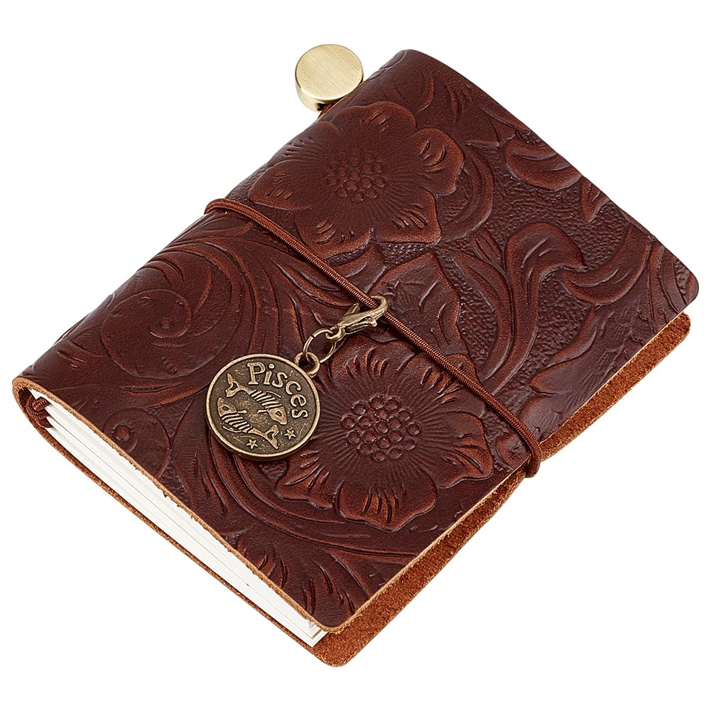 CRASPIRE Leather Journal Notebook Small Carving Floral Travel Vintage Daily 3.3x3.1in Blank Paper Refill 128 Pages Bound Portable Notepad for Man Women Antique Gifts Artist Traveler Writing Coffee