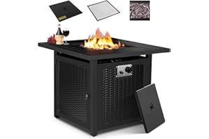 AthLike 30" Propane Fire Pit Table, 50000 BTU Gas Square Fire Bowl, 2 in 1 Outdoor Fireplace w/CSA-Certified, Lid, Anti-Fire Mesh, Auto-Ignition, Waterproof Cover, Lava Rock, for Party Patio Yard