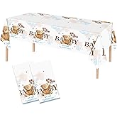 Poqirzan 2PCS Bear Baby Shower Tablelcoths We Can Bearly Wait Disposable Plastic Table Cloth 54"x108" Bear Baby Shower Party 