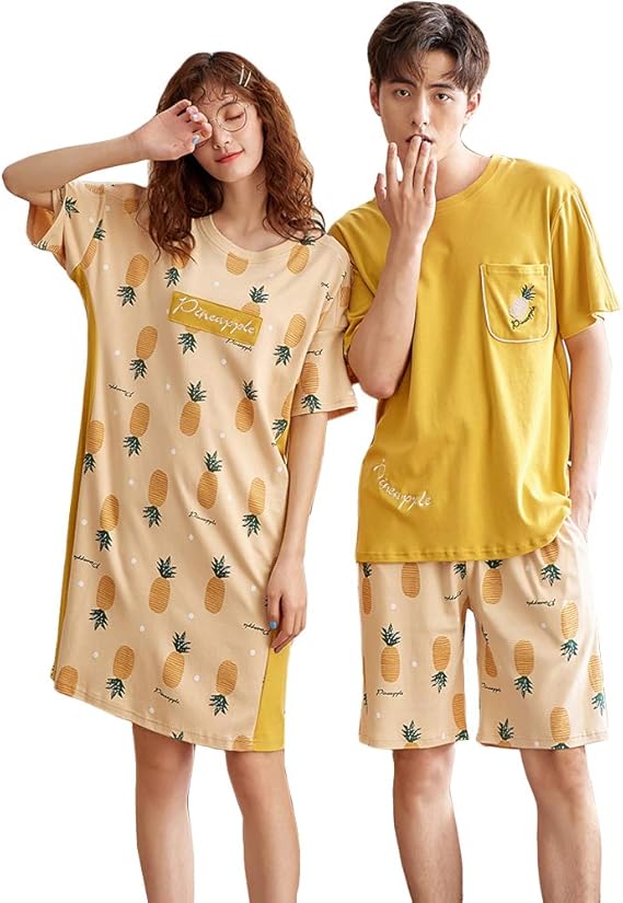 Amazon 2着セット ペア パジャマ 半袖 ペアパジャマ カップルパジャマ ペアルック 春夏 レディース ルームウェア ワンピース メンズ ペア 寝間着 ギフト プレゼント 父の日 母の日 結婚祝い 夏用 パジャマ お揃い 女性m 男性l イエロー パジャマ ルームウェア