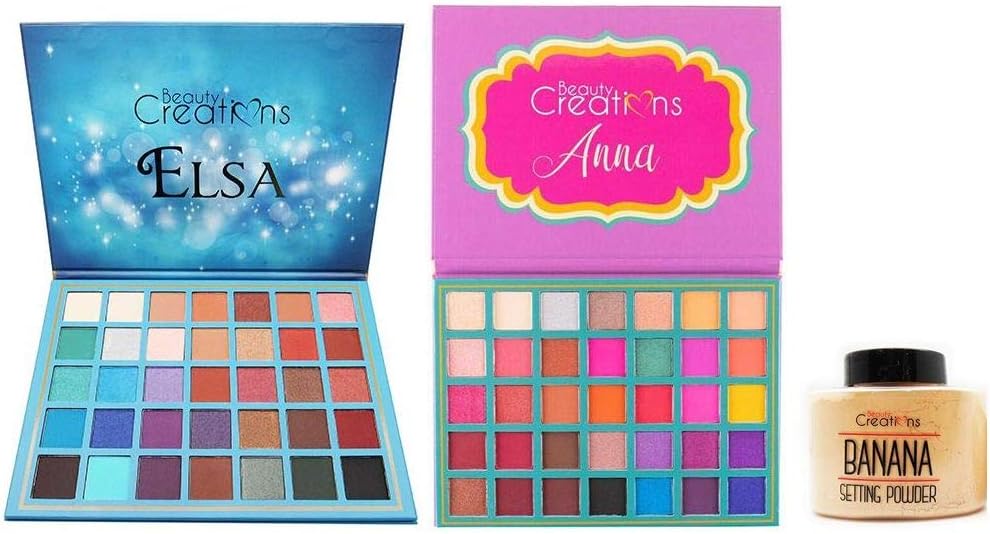 Beauty Creations 35 Color Pro Eyeshadow Palette, Elsa & Anna Starter Set (w/Bonus Banana Setting Powder)