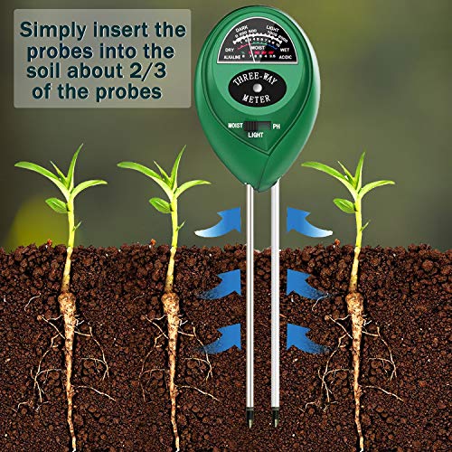 Soil PH Meter 3-in-1 Soil Test Kit Moisture Lawn PH Tester Digital with Moister PH Sunlight for Plants Garden Home FarmIndoor & Outdoor (No Battery Needed)
