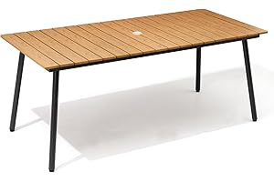 VredHom Outdoor Dining Table for 6, 70inch Patio Dining Table with Wooden-Like Top and Aluminum Frame, Rectangular Table with Umbrella Hole Outdoor Furniture, Brown