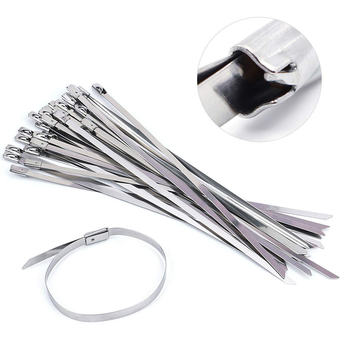 NATUCE 100PCS 4.6 * 300mm Premium Stainless Steel Cable Ties, SS304 Stainless Steel Zip Ties, Metal Cable Ties, Exhaust Wrap Coated Locking Cable Zip Ties, 316 Marine Grade Metal Tie Wraps