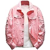 Rexcyril Men's Distressed Denim Jacket Casual Ripped Holes Button Down Trucker Jacket Jean Coat
