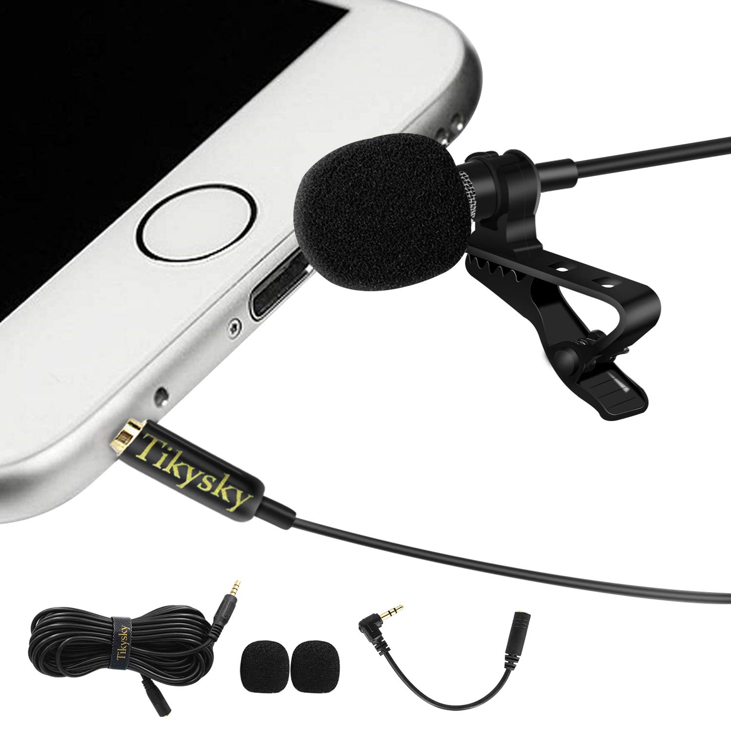 Lavalier Lapel Microphone,Tikysky Clip On Lav Mic for iPhone Android Cell Phone Smartphone Camera Vlog Interview Video Recording Podcast
