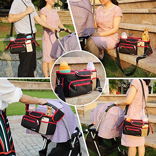 Universal Stroller Organizer Bag with Deep Cup Holders - Large Stroller Caddy with Carrying Strap & Zip Pouches - Best Stroller Storage Accessories for Double & Umbrella Stroller - Bonus Face Towels - Thumbnail 5