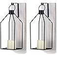 Staymoment Candle Sconces Wall Decor: Set of 2 Farmhouse Wood Candle Holder Indoor Black Metal Lantern Rustic Decorations for Living Room Front Porch Yard