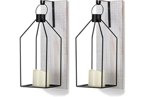 Staymoment Candle Sconces Wall Decor: Set of 2 Farmhouse Wood Candle Holder Indoor Black Metal Lantern Rustic Decorations for Living Room Front Porch Yard
