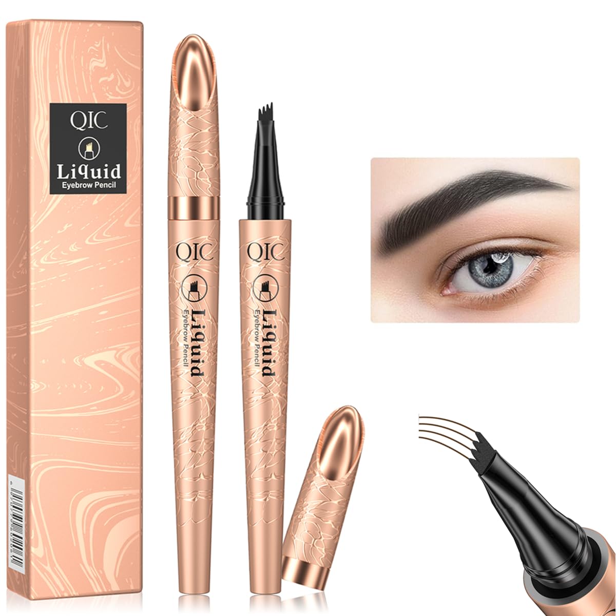 Eyebrow Pen, Waterproof Ink Gel Tint Drawing Eyebrow Pencil with Four Tips, Natural Looking Brows Stay on All Day (Black)