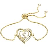 SAELACY 14K White Gold Plated Initial Heart Bracelet for Women Zircon Inlay Heart Initial Charm Bracelets Adjustable Minimalist Jewelry