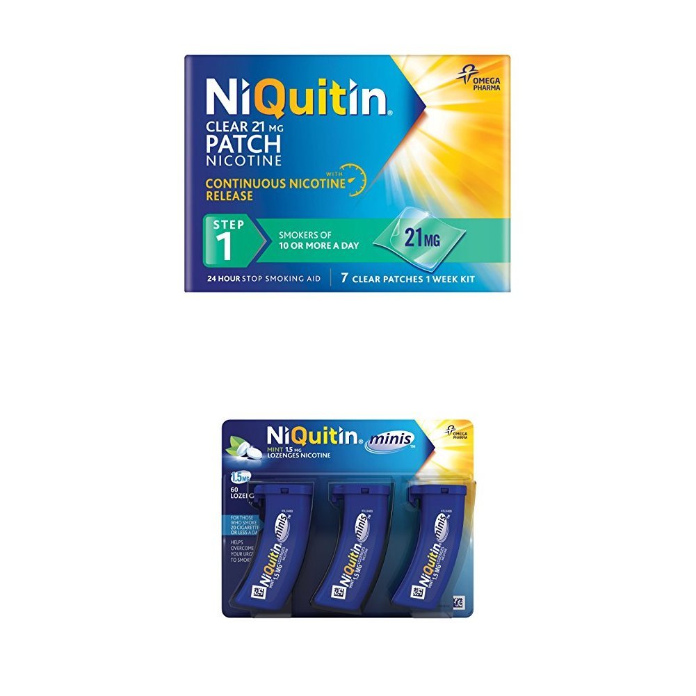 NiQuitin Clear 24 Hour 7 Patches Step 1 and Niquitin Minis 60 Mint Lozenges 1.5mg bundle