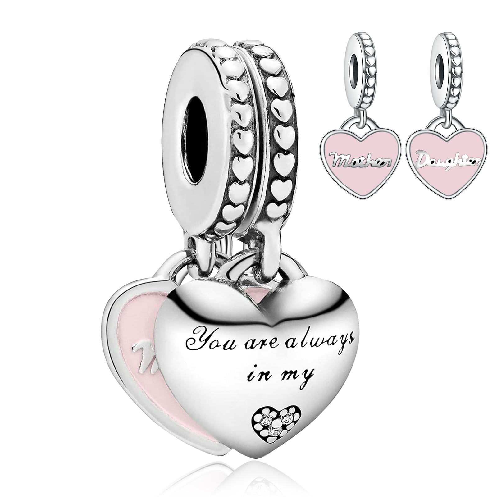 Annmors Mother and Daughter Hearts Dangle Charms in 925 Sterling Silver with Cubic Zirconia for Bracelets