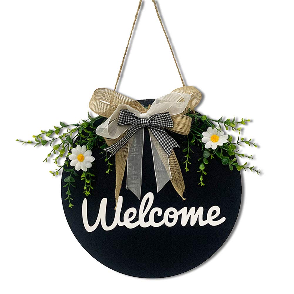 Ewolee Welcome Sign, Rustic Wooden Front Door Wreath with Bow, 12 Inch Porch Décor Vertical Sign for Home Decoration