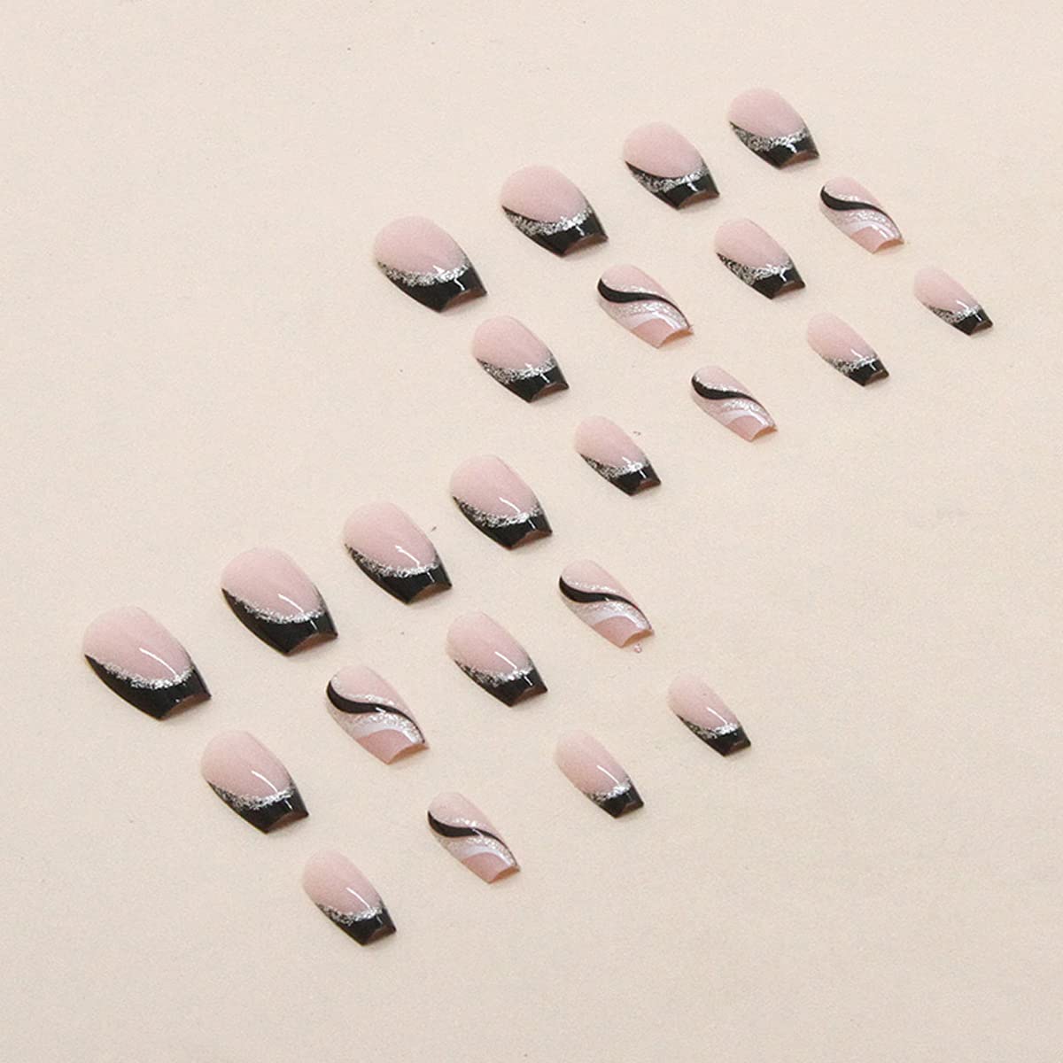 24PCS Black French Tip Glossy Coffin Nails With Silver Glitter Line Designs - Medium Length Square Fake Nails Full Cover - Artificial Acrylic False Glue On Nails - Image 4