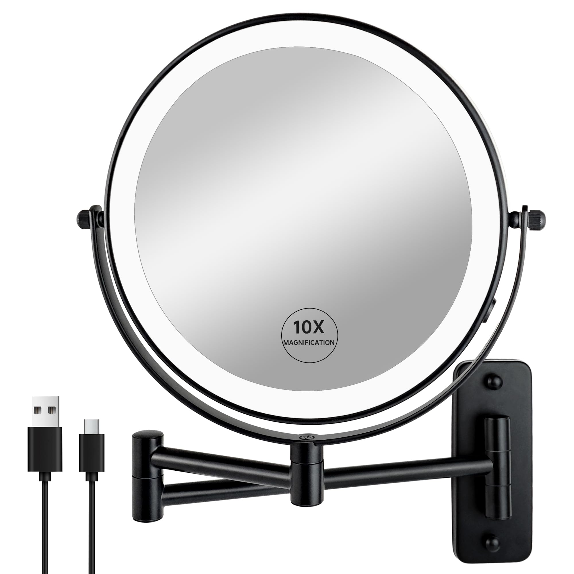 Photo 1 of JANEEVA 8" Wall Mounted Lighted Makeup Mirror,Rechargeable Double Sided 1X/10X Magnifying Mirror with 3 Color Lights,Touch Dimmable Bathroom Vanity Mirror with 360°Swivel Extendable Arm Matte Black