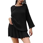 VECVOC Sweater Set Two Piece Skirt Sets for Women Long Sleeve Two Piece Outfits Loose Knit Pullover Mini Skirt