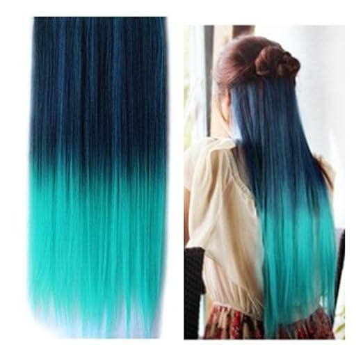 Heahair® Fashion Omber Straight Dip-dye Color Synthetic Clip in Hair Extensions for Woman (Dark Blue to Peacock Green)