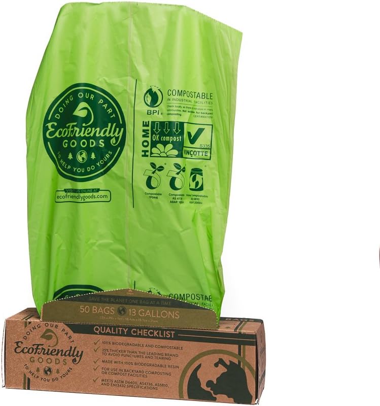 EcoFriendly Goods Compostable Bags - 50 Count Heavy Duty 13-Gallon Trash Bag 1.0 Milliliters Extra Thick To Avoid Punctures & Tears - 100% Biodegradable For Food/Lawn Waste Compost - Garden Composting