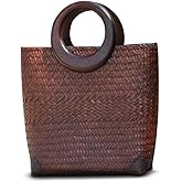 QTKJ Hand-woven Womens Straw Large Boho Handbag Bag for Women, Summer Beach Rattan Tote Travel Bag with Wood Round Top Handle (Brown)
