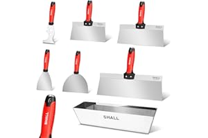 SHALL Drywall Tool Kit, 7 Pcs Stainless Steel Set Includes Putty Knife, Taping Knife, Painter Scraper Tool & 12" Mud Pan for Joint Taping, Finishing, Patching