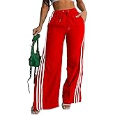 Angsuttc Wide Leg Pants Women Drawstring Side Split Sweatpants with Stripes Casual Elastic High Waist Long Pant