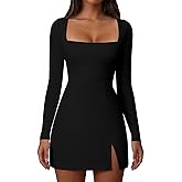 Memoriesea Women's Square Neck Long Sleeve Side Slit A-Line Cocktail Party Club Mini Dress