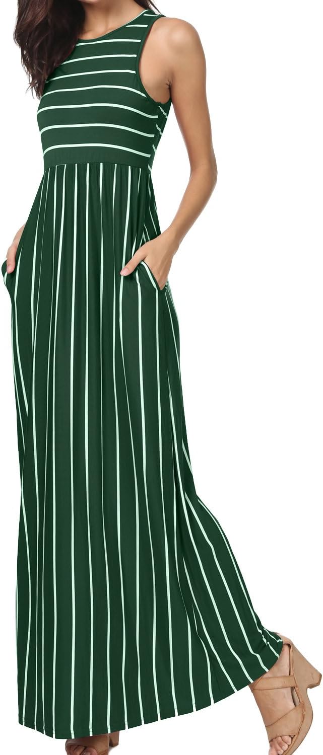 Women's Summer Sleeveless Striped Pockets Casual Loose Swing Maxi Dress