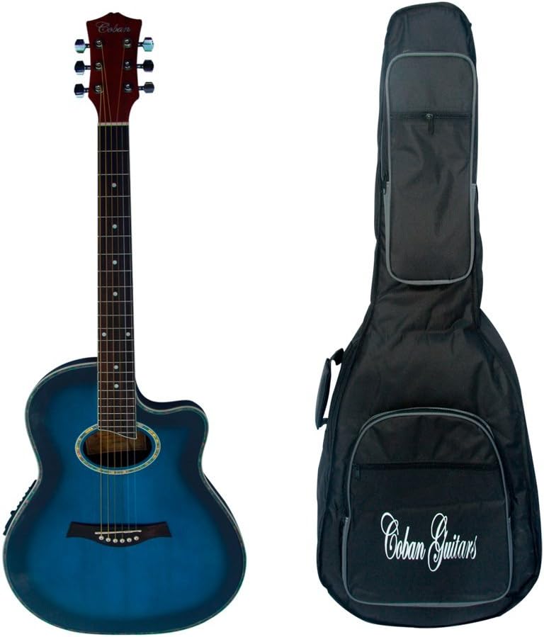Electro Acoustic Guitar in Blue burst gloss Plain 4eq By Coban Guitars Acoustic Premier Roundback Guitar inc Luxury 20mm Gig Bag, Picks, lead and Strap worth £39.99