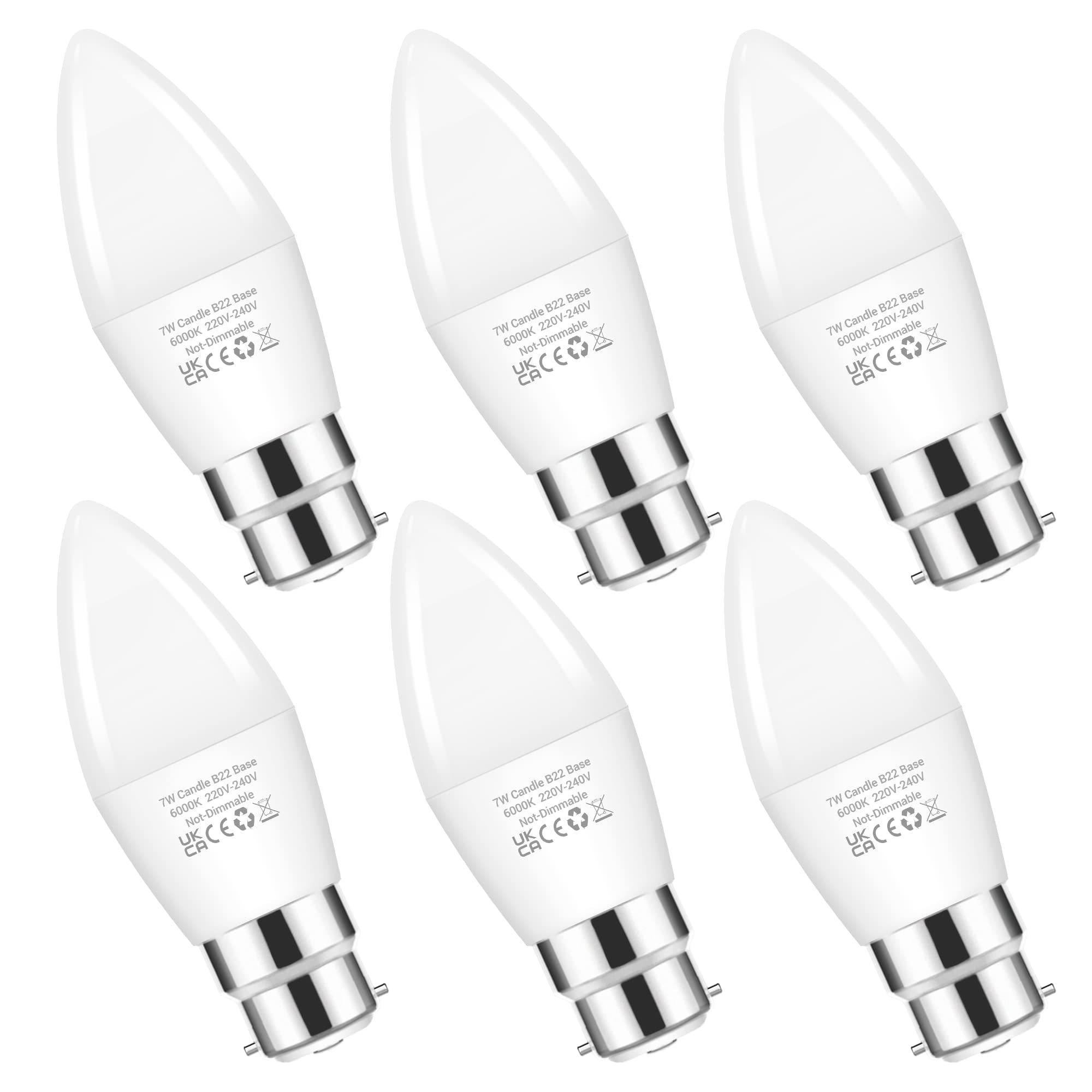 Flaspar B22 Bayonet Light Bulb, 7W B22 LED Candle Bulbs, 60W Incandescent Bulb Equivalent, Energy Saving LED Light Bulb for Chandeliers, Cool White 6000K, Non-Dimmable, 6Pack