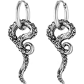 HZMAN Gothic Stainless Steel Octopus Earrings - 20G Sea Monster Kraken Hoops, 2.32cm Inner Diameter, Solid Dark Mystical Jewelry