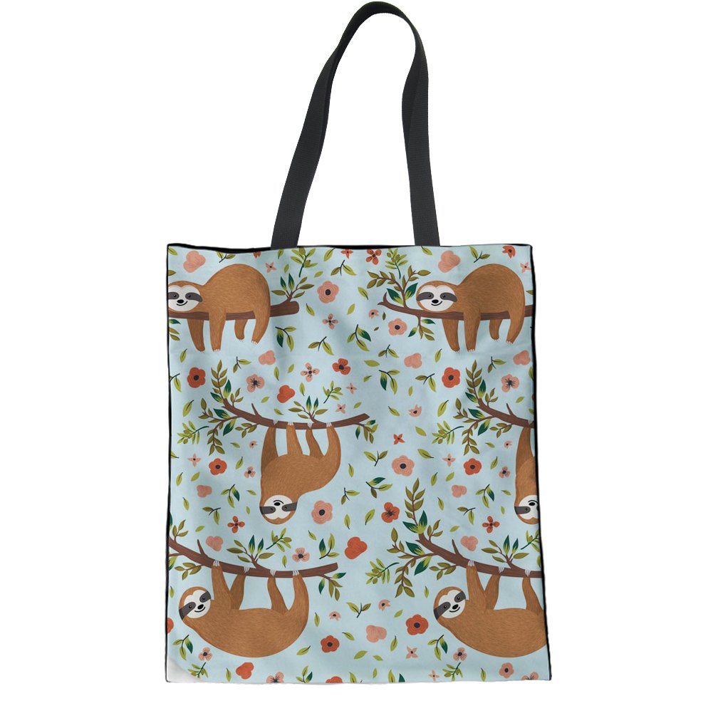 HUGS IDEA Floral Sloth Casual Tote Bag Teen Girl Linen Shoulder Bag Hipster College Bag Handbag