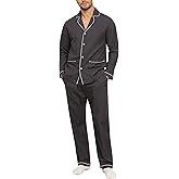 MoFiz Mens Pajama Set Soft Cotton Button Down Notched Collar Pjs Long Sleeve 2 Piece Sleepwear Lounge Nightwear with Pocket