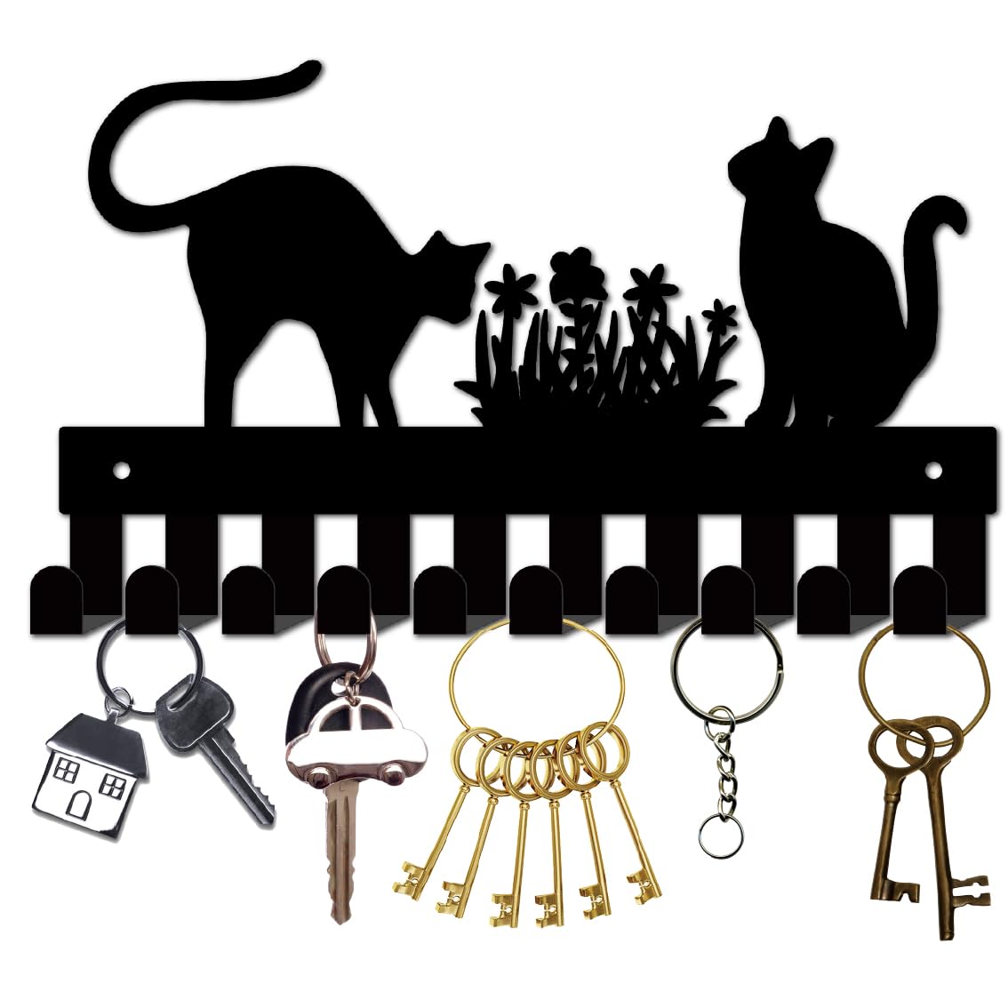 CREATCABIN Black Cats Key Holder for Wall Mounted Key Holder Hooks Metal Key Coat Rack Hangers with 10 Hooks Key Organizer Rack Wall Decorative for Towel Entryway Front Door Hallway 10.6x6.3Inch