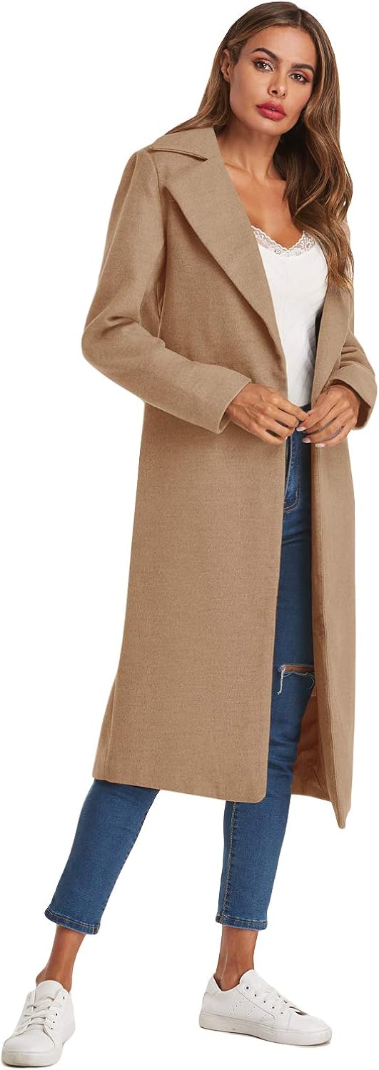 Auxo Women Trench Coat Long Sleeve Pea Coat Lapel Open Front Long Jacket Overcoat Outwear Cardigan: Clothing