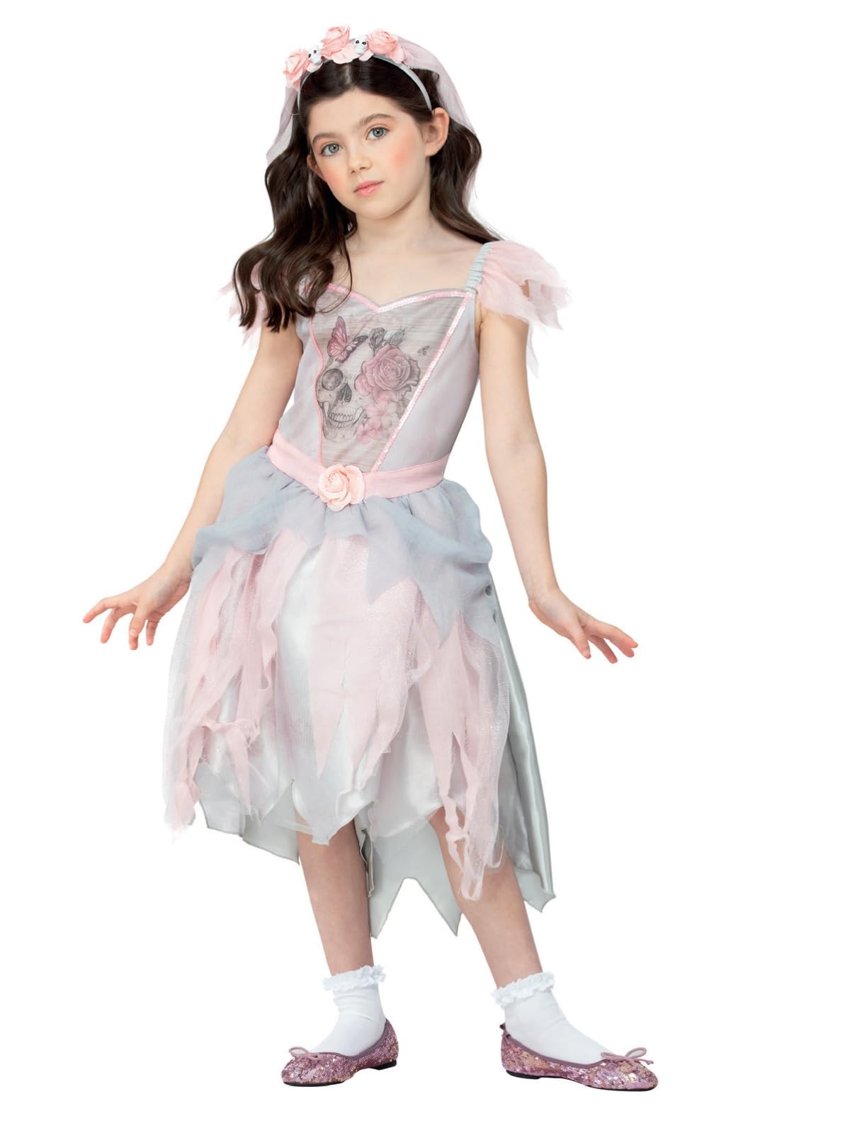 Smiffys Vintage Ghost Bride Costume Dress & Veil Headband, Halloween Child Fancy Dress, Bride Dress Up Costumes