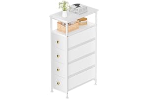 YILQQPER Narrow Dresser for Bedroom, Slim Dresser Storage Tower, Chest of 4 Fabric Drawers with Wood Shelf, Bathroom Organizers and Storage for Small Spaces, Laundry, Closet, White