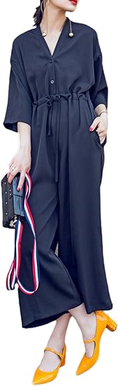 Amazon Loovooレディースオールインワン サロペット ロング丈ワンピース ワイドパンツ 七分袖 九分丈 Vネック ハイウエスト 通勤服 カジュアル 着回し 春夏シャツ オーバーオール オールインワン 通販