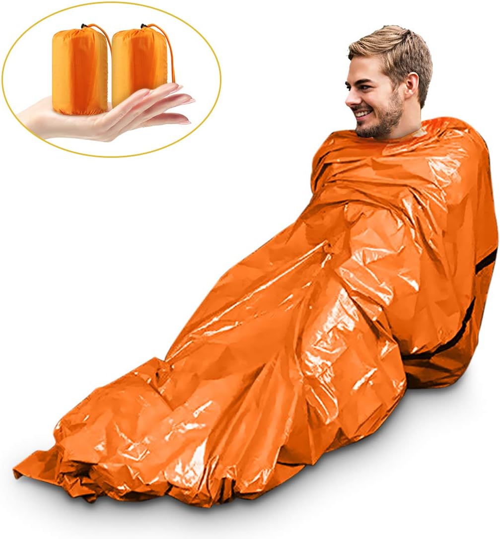 Magicfun Survival Sleeping Bag, 2 Pcs Ultralight Waterproof Emergency Bivvy Bag with Portable Drawstring Bag and PE Aluminum Film, High Visibility, Perfect for Camping Hiking Outdoor Adventure