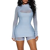 NRTHYE Womens Bodycon Mesh Jumpsuits Sexy Long Sleeve See Through Romper Mini Dress Set Bodysuit Outfit Party Clubwear